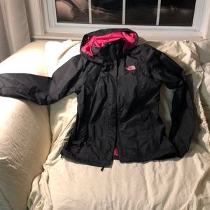 Black northface rain jacket breast cancer emblem